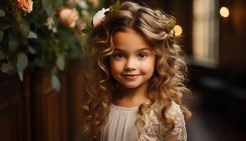 ai généré une mignon, souriant fille avec frisé cheveux en portant une fleur généré par ai photo