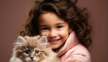 ai généré mignonne enfant souriant, à la recherche à caméra avec espiègle chaton généré par ai photo