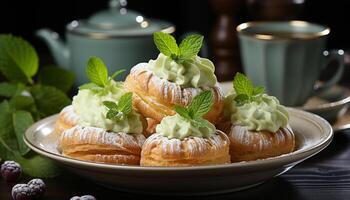 ai généré fraîchement cuit gourmet dessert avec fouetté crème et framboise décoration généré par ai photo