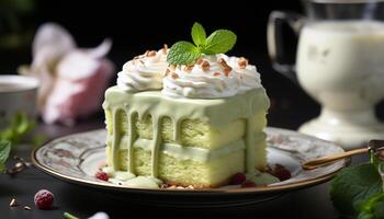 ai généré fait maison gourmet dessert fouetté crème, chocolat, framboise, menthe feuille généré par ai photo