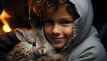 ai généré mignonne enfant animaux domestiques petit animal, souriant portrait de enfance généré par ai photo