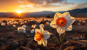 ai généré Jaune fleur dans prairie, baigné dans le coucher du soleil beauté généré par ai photo