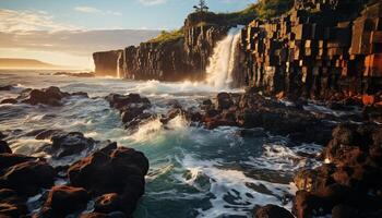 ai généré majestueux falaise, l'eau vaporisateur, le coucher du soleil ciel, la nature beauté écoulement généré par ai photo