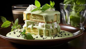 ai généré fait maison dessert sucré tranche de Chocolat gâteau avec menthe feuille généré par ai photo