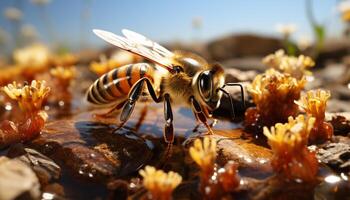 ai généré occupé mon chéri abeille polliniser une Jaune fleur dans la nature généré par ai photo