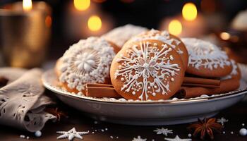 ai généré fait maison Chocolat biscuits décorer le hiver table avec douceur généré par ai photo