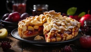 ai généré Frais fait maison dessert sucré tarte, cuit Pâtisserie, baie fruit, Chocolat généré par ai photo