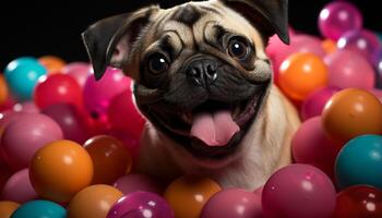 ai généré mignonne chiot en jouant avec une ballon à anniversaire fête généré par ai photo