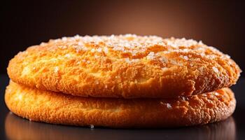 ai généré fait maison cuit biscuit empiler sur foncé bois table généré par ai photo