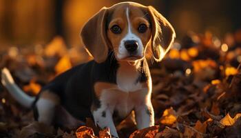 ai généré mignonne chiot en jouant dans l'automne feuilles, profiter la nature beauté généré par ai photo