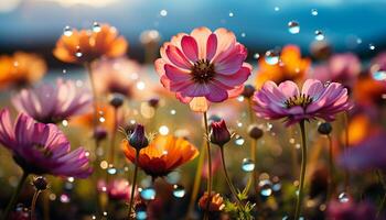 ai généré une vibrant bouquet de coloré fleurs dans une Prairie à crépuscule généré par ai photo