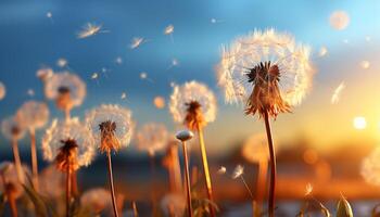 ai généré duveteux pissenlit la graine dans prairie, Jaune beauté à le coucher du soleil généré par ai photo