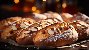 ai généré fraîchement cuit fait maison pain et sucré Chocolat dessert sur table généré par ai photo