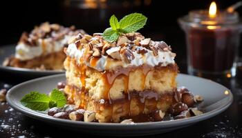 ai généré gourmet dessert sucré Chocolat tranche sur en bois assiette généré par ai photo