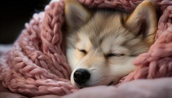 ai généré mignonne chiot en train de dormir en plein air, duveteux et espiègle dans le neige généré par ai photo