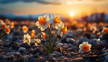 ai généré tranquille prairie, vibrant fleurs, le coucher du soleil chaleur, la nature beauté généré par ai photo