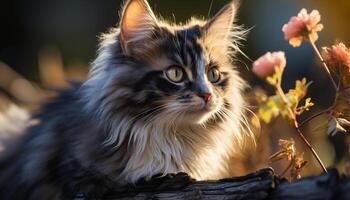 ai généré mignonne chaton séance en plein air, regarder à bleu la nature avec curiosité généré par ai photo