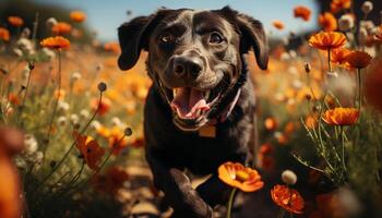 ai généré mignonne chiot séance dans le herbe, profiter le ensoleillé Prairie généré par ai photo