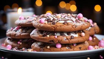 ai généré fraîchement cuit fait maison Chocolat puce biscuits sur une rustique en bois table généré par ai photo