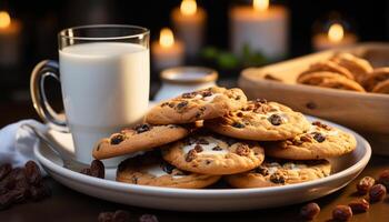 ai généré fait maison Chocolat puce biscuits sur rustique en bois tableau, indulgent casse-croûte généré par ai photo