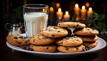 ai généré fraîchement cuit Chocolat puce biscuits sur une rustique en bois table généré par ai photo