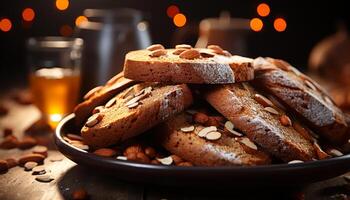 ai généré une fait maison Chocolat puce biscuit sur une rustique en bois table généré par ai photo