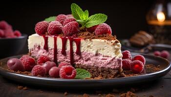 ai généré fait maison framboise cheesecake, une sucré indulgence sur rustique bois généré par ai photo