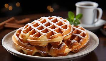 ai généré une fait maison Belge gaufre empiler, surmonté avec sucré sirop généré par ai photo