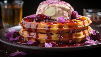 ai généré Frais fruit dessert sur une en bois plaque, indulgent et rafraîchissant généré par ai photo