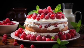 ai généré Frais framboise dessert sur en bois assiette avec menthe feuille décoration généré par ai photo