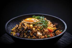 ai généré frit riz et Oeuf sur noir assiette.coréen nourriture.gros plan vue photo