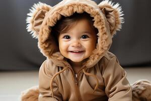 ai généré portrait de une bébé enfant portant une Lion costume sur isolé Contexte photo