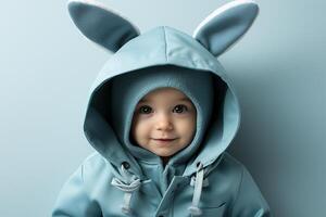 ai généré portrait de une bébé enfant portant une bleu lapin costume sur isolé Contexte photo