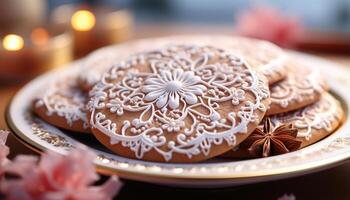 ai généré fait maison biscuit décoration sur rustique bois tableau, hiver fête généré par ai photo