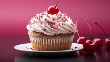 ai généré fraîchement cuit gourmet petits gâteaux avec sucré fruit glaçage et Chocolat généré par ai photo