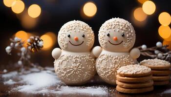 ai généré hiver fête bonhomme de neige, flocon de neige, Noël décoration, fait maison dessert, chocolat, bonbons, mignonne pain d'épice biscuit généré par ai photo