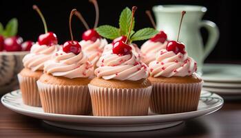 ai généré fait maison petits gâteaux, Frais baies, et sucré indulgence à anniversaire fête généré par ai photo