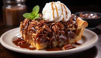 ai généré fraîchement cuit Chocolat gâteau avec fouetté crème et caramel sauce généré par ai photo