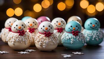 ai généré hiver fête bonhomme de neige dessert, Chocolat flocon de neige biscuit, fait maison Noël décoration généré par ai photo