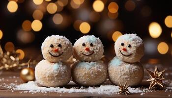 ai généré hiver fête bonhomme de neige, Noël lumières, embrasé arbre, de bonne humeur famille, délicieux dessert généré par ai photo