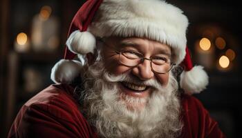 ai généré souriant Sénior homme fête Noël avec joie et humour généré par ai photo