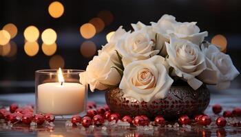 ai généré romantique aux chandelles illumine une table avec Frais fleur décoration généré par ai photo