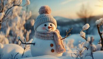 ai généré de bonne humeur bonhomme de neige sourit dans hiver forêt, entouré par flocons de neige généré par ai photo