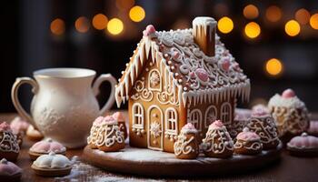 ai généré fait maison pain d'épice biscuits décorer le de fête Noël table généré par ai photo