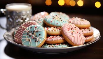 ai généré fraîchement cuit biscuits avec coloré glaçage sur une en bois assiette généré par ai photo