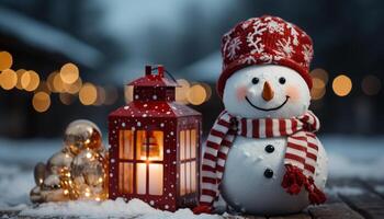ai généré bonhomme de neige fête hiver nuit avec illuminé lanterne et Noël arbre généré par ai photo