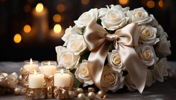 ai généré romantique mariage fête chandelle, fleurs, élégance, aimer, embrasé, la mariée généré par ai photo