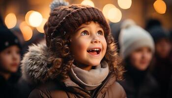 ai généré souriant enfant, de bonne humeur famille, hiver joie, en jouant en plein air, bonheur généré par ai photo