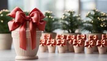 ai généré une de fête table avec une cadeau boîte, décoration, et Noël arbre généré par ai photo