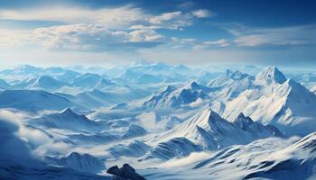 ai généré majestueux Montagne culminer, neige couvert paysage, bleu ciel, tranquille la nature généré par ai photo